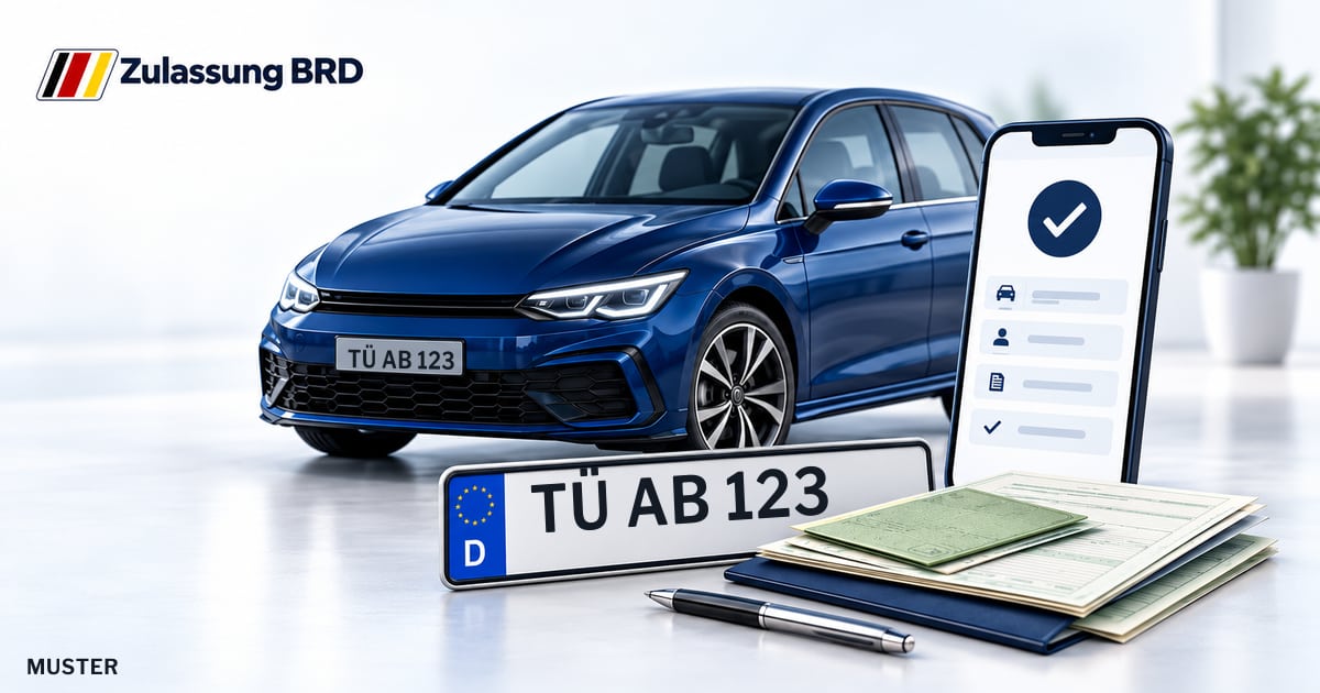 Online Fahrzeugzulassung in Rottenburg am Neckar: Musterkennzeichen TÜ AB 123, Auto und Fahrzeugpapiere und Smartphone. Illustration mit Logo von Zulassung BRD.